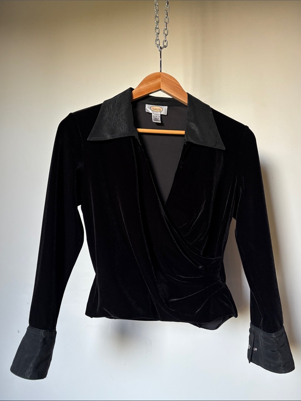 Y2K Era Velvet Faux-Wrap Blouse with French Cuffs Size 6